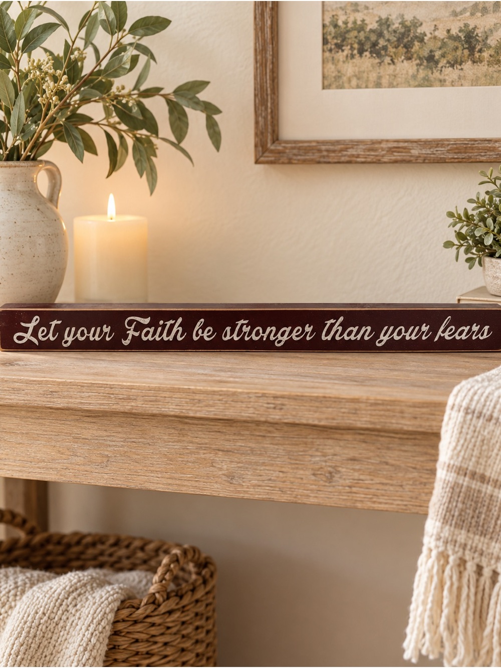 Poor Boy Faith Over Fear Christian Farmhouse Wood Sign Shelf Inspirational Decor